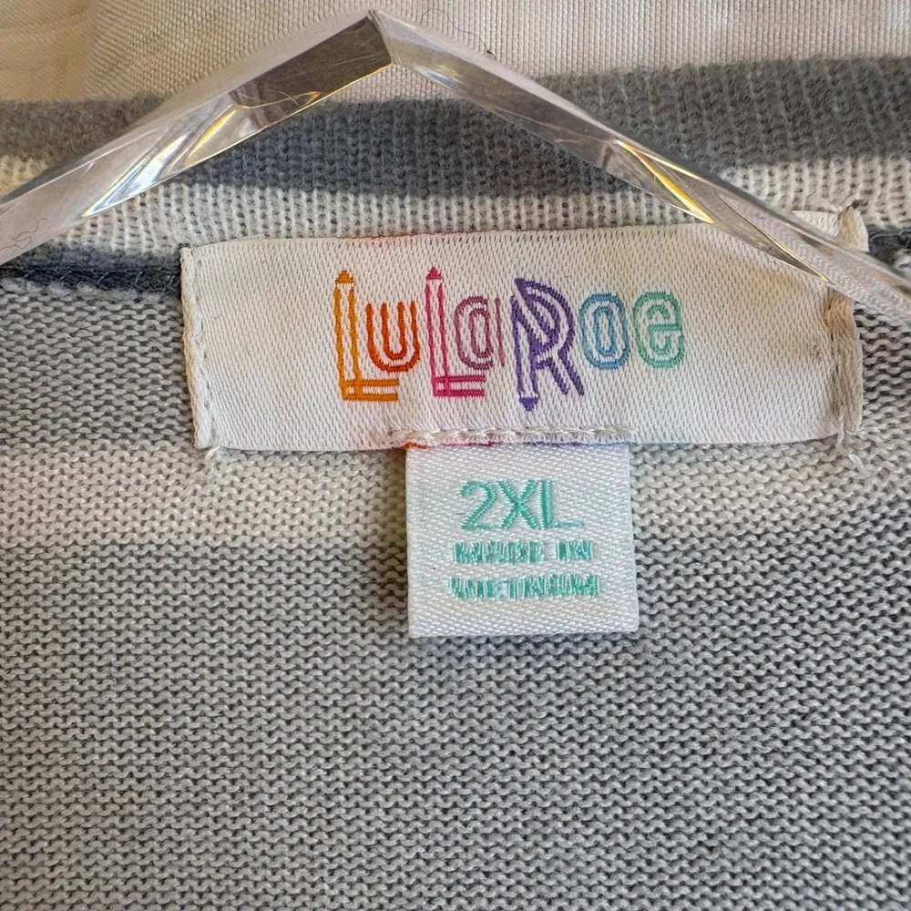 LuLaRoe Caroline Cardigan Sweater 2XL Grey White Striped Pink Hearts Open Front
